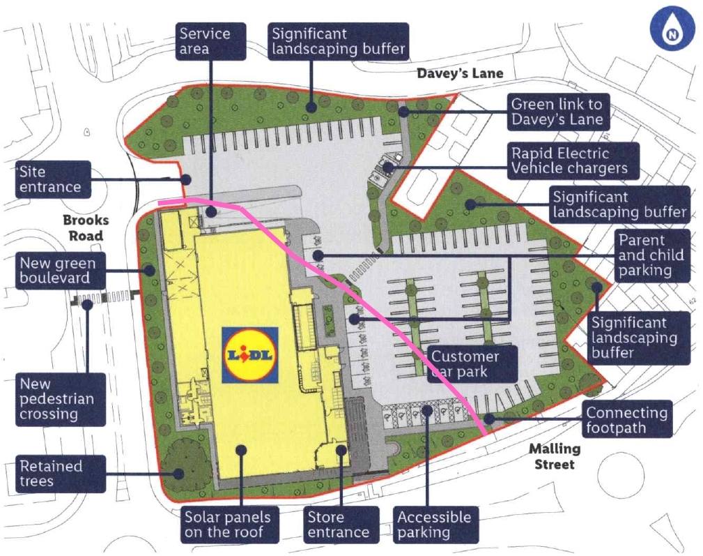 Lidl's August 2026 site plan with the RWO 330 route traced in pink, cutting diagonally through the store building and car park